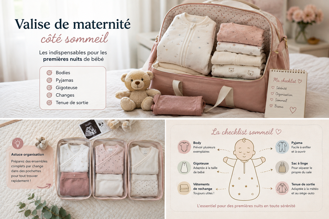 Valise de maternité avec gigoteuse, bodies et pyjamas pour les premières nuits de bébé