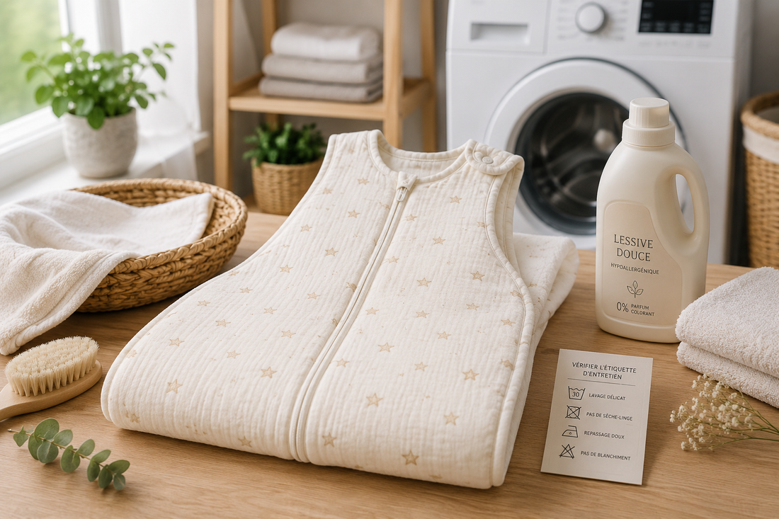 Gigoteuse bébé préparée pour le lavage avec étiquette d’entretien