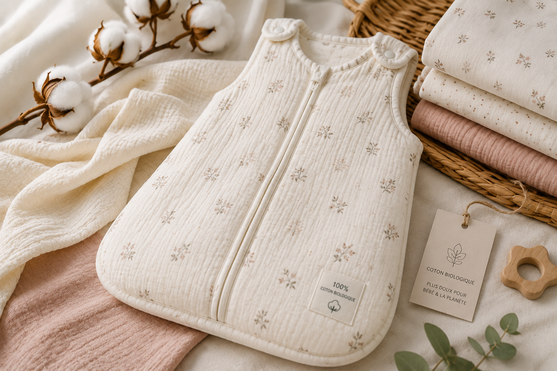 Gigoteuse bébé en coton biologique entourée de textiles naturels