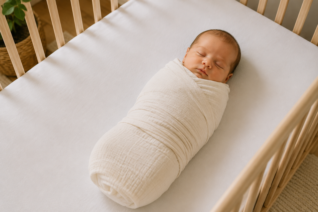 Bébé emmailloté dormant sur le dos dans un lit dégagé