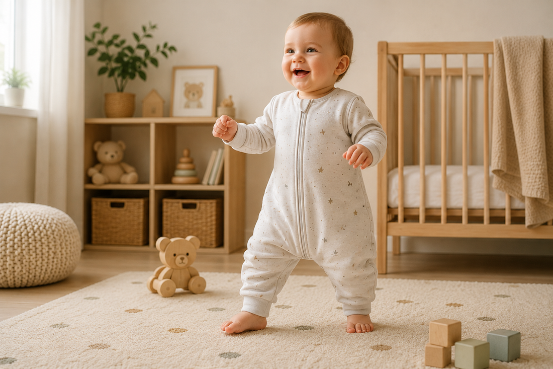 Bébé debout portant une gigoteuse avec pieds