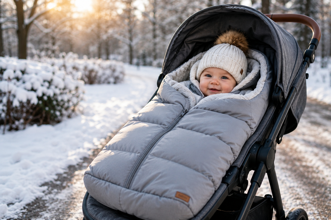 Bébé dans un nid d'ange pour poussette en hiver