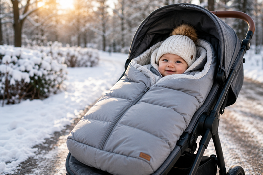 Bébé dans un nid d'ange pour poussette en hiver